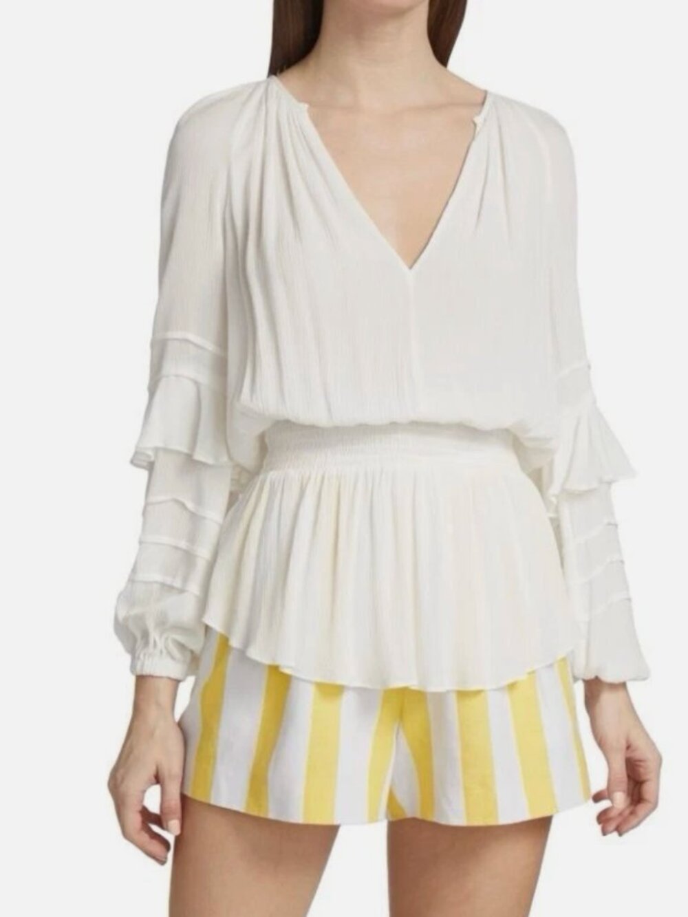 L'AGENCE‎ Brigitta Blouse Women Small White Smocked Peplum Ruffle Sleeve Rayon